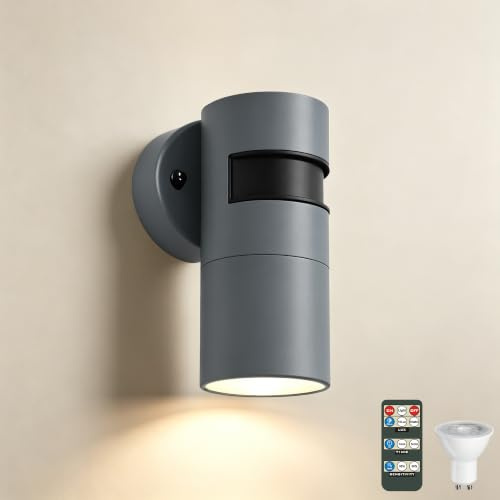JNR Außenlampe mit Bewegungsmelder und Fernbedienung, Aussenlampe Anthrazit | Einstellbarer Bewegungsmelder Dämmerungssensor, IP65 Wasserdichte 230V Edelstahl Aussenlampe, 5W GU10 3000K LED Glühbirne