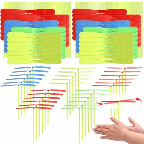 FIQLUL 100 Piezas Libélulas de Bambú Juguetes Voladores para Niños, Helicóptero de Plástico con Hélice Giratoria para Juegos al Aire Libre, Regalos para Fiestas Infantiles (Color Aleatorio)
