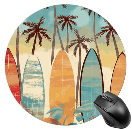 Alfombrilla de ratón redonda portátil con diseño de palmera y tabla de surf, bonita alfombrilla de mouse para computadora pequeña, antideslizante, para hogar, oficina, trabajo, 7.8 x 7.8 pulgadas