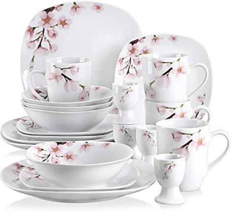 VEWEET 'Annie' 20-Piece Dinner Set, Ivory White Porcelain Combination Sets, Pink Floral Pattern Decor Dinnerware Set Including Egg Cups/Mugs/Bowls/Dessert Plates/Dinner Plates Service for 4
