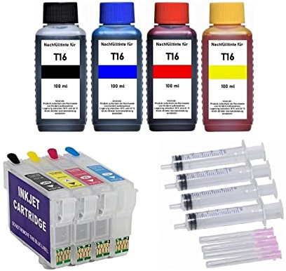 Wiederbefüllbare Tintenpatronen kompatibel mit Epson T16 XL Black, Cyan, Magenta, Yellow + 400 ml Nachfülltinte für Workforce WF-2010, 2110, 2510, 2520, 2530, 2540, 2630, 2650, 2660, 2750, 2760