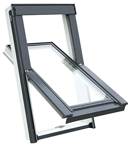Kunststoff Dachfenster Balio Schwingfenster mit Eindeckrahmen und Rollo (Verdunkelungsrollo) 78x112 cm kompatibel zum Austauch alter wie Dachfenster 78x118cm