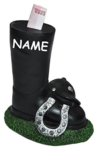 alles-meine.de GmbH XL Sparschwein - Reitstiefel mit Reithelm/Hufeisen - incl. Name - mit Schlüssel - stabile Sparbüchse aus Kunstharz - Spardose lustig witzig/Pferd Pferde -..