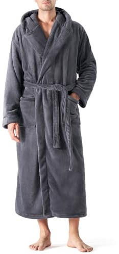 DAVID ARCHY Men's Soft Plush Coral Fleece Robe Full Length Hooded Long Bathrobe for Men with Hood (XL, Dark Gray)