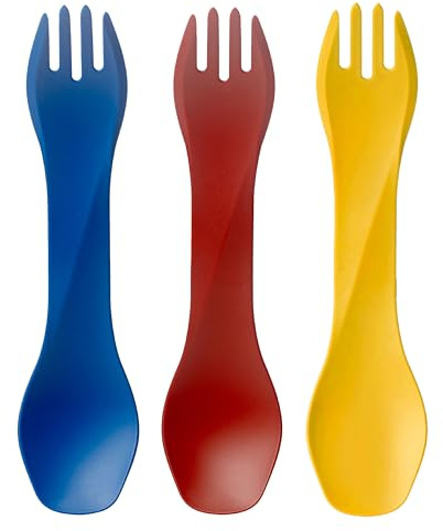 humangear GoBites Uno 3-Pack | Travel & Camping Utensils | Portable & Convertible Dining Ware | Multi-Functional Spork | Blue/Red/Yellow, Uno (Bulk) 3-Pack