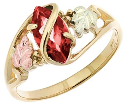 Bague enveloppante grenat marquise, or jaune 10 carats, vert 12 carats et or rose noir collines
