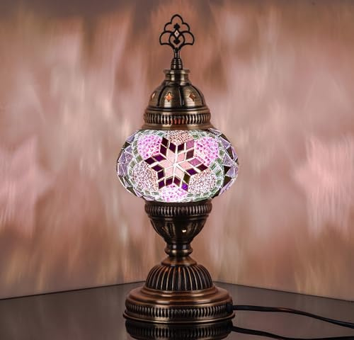 DEMMEX Handmade Colorful Mosaic Glass Table Desk Bedside Lamp Lampshade with Antique Brass Base, Small 30cm H (Purple)