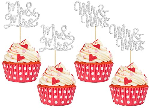 Gyufise Cupcake-Topper mit Aufschrift Mr Mrs, silberfarben, glitzernd, für Hochzeit, Brautparty, Kuchendekoration, Partyzubehör, 36 Stück
