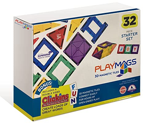 Playmags 32-bitars färgglada kakeluppsättning, unika prisbelönta magnetiska byggplattor för barn, kreativitet och utbildningsbyggnadsleksaker för barn, stamgodkänd (32 st)