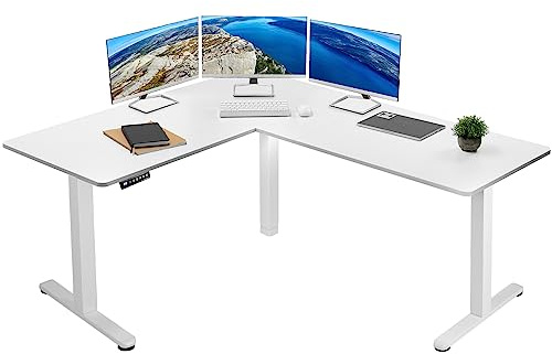 VIVO Corner Standing Desk, 63 x 55 inch Reversible L-Shaped Workstation, Electric Height Adjustment, Home, Office, and Reception Rooms, White Table Top White Frame, DESK-E3CTW