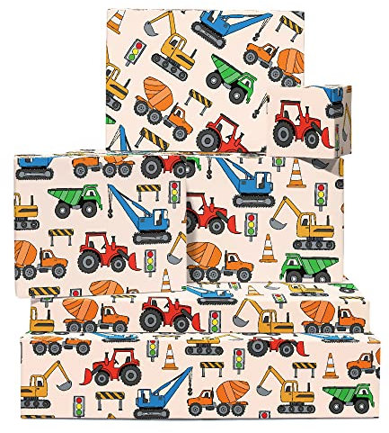 Geschenkpapier für Geburtstagskind – Bau – Baustelle – 6 Geschenkpapierbögen – Geschenkpapier für Kinder – für Sohn, Neffe, Enkel – mit Aufklebern – Central 23