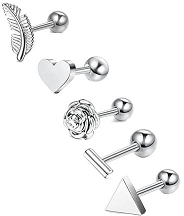 Nasenring Silber, Nasenpiercing Titan Stecker Blatt-Blumen-Herz-Dreieck-Stange Schmuck Zunge Lippe 5 Stück Damen Geschenk