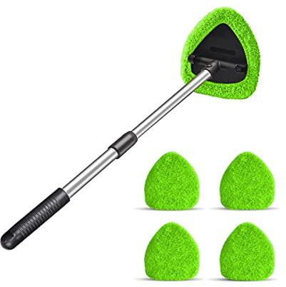 Windshield Cleaning Tool, Car Window Cleaner with 4 Washable Reusable Microfiber Pads, Extendable Long Handle Glass Wiper Cleaning Kit, Auto Accessories Universal for Office and Home (Green)