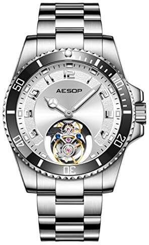 Aesop Tourbillon Orologio da uomo Meccanico a carica manuale Orologi da polso Lunetta girevole unidirezionale Luminoso cristallo zaffiro Lusso 7065(Quadrante bianco-nero)