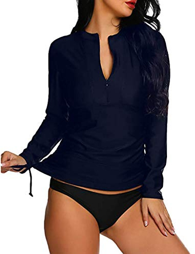 Camiseta de natación de manga larga para mujer, con protección UV, con cremallera, camiseta de natación UV, camiseta de surf, camiseta de baño con protección UV, marine, L