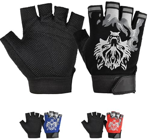 CubePlug Guantes de ciclismo para niños y niñas, con medio dedo para bicicleta BMX acolchados de gel, sin dedos [SPI] (lobo negro, L)