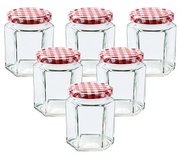 Lucenté 6PC Glass Jam Jars Preserve Pots Pickle Jars with Airtight RED Gingham Screw Top Lids - 280ml