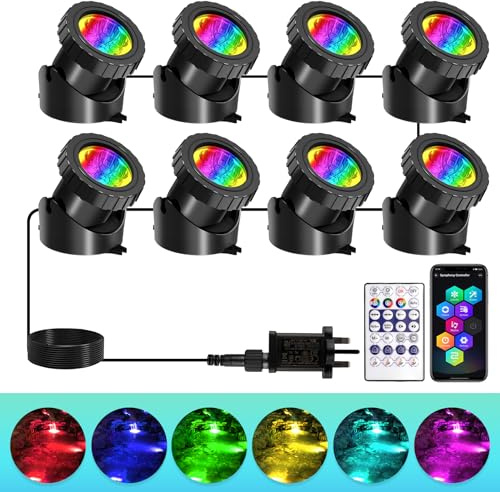 T-SUNUS Pond Lights Mains Powered with APP/Remote Control RGB Underwater Lighting, Submersible, IP68, Multi-Colour Mode, Halloween Pond Lights, for Fish Tank Garden Fountain Pond Outdoor(8-in-1)