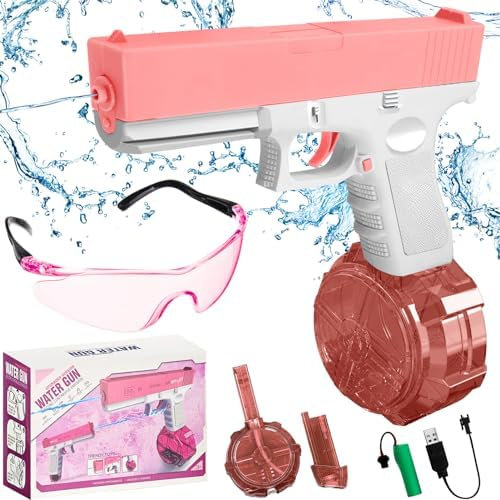Wasserpistole Elektrisch,Elektrische Wasserpistole für Erwachsene und Kinder,Spritzpistole Wasser mit Schutzbrille,Wasserpistole Reichweite 7-10m,für Schwimmbad Party Strand im Freien(Rosa)
