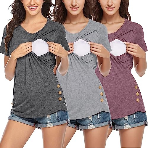 Lot de 3 t-shirts de maternité à manches courtes et boutons latéraux et col rond, couleur unie, hauts d'allaitement pour l'allaitement, noir pailleté, gris foncé, L