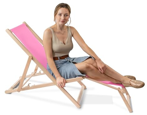 DreamRoots Liegestuhl klappbar Holz mit fußteil bis zu 130 kg belastbar, 3-Fach verstellbare Rückenlehne, waschbarer Polyesterbezug