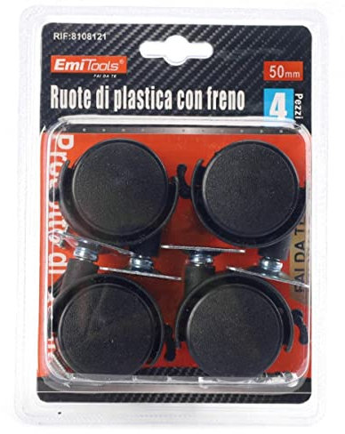 Kit 4 Rotelle Con Freno, Diametro 50mm, Altezza 65mm, Portata 120KG, Per Mobili, Piastra di Montaggio e Viti