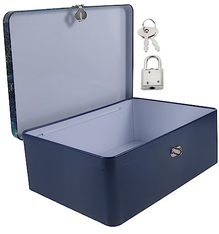 JEWEDECO Large Vintage Tinplate Storage Box with Lock, Tinplate Keepsake and Jewelry Box for Desktop Organization, Lockable Metal Tin Case Suitable for Documents and Photos