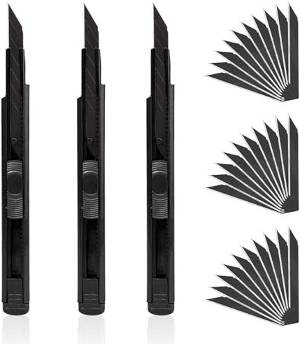 3 Stück Cuttermesser Set, 3 pcs 9mm Messer mit 30 pcs 30°Abbrechklingen, Einziehbar Profi-Cuttermesser Gebildet Universalmesser, Schwarz Hochpräzises Bastelmesser für Karton, Folien, Papier
