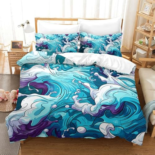 Lorolivier Ocean Wave Set Di Biancheria Da Letto Stampato in 3D Con Federa, Fodera Per Piumino Da Con Chiusura A Cerniera, Microfibra Morbida Adatto A Bambini Adulti Double（200x200cm）