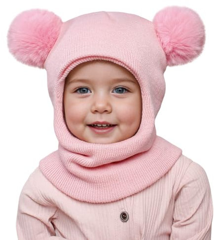 MASOCIO Schlupfmütze Kinder Mädchen Schalmütze Winter Warme Wintermütze Schal Baby Kleinkind Strickmütze 12-18 Monate 2 3 4 5 6 7 Balaclava mit Bommel Beanie Mütze Hat 1-8 Jahre Rosa