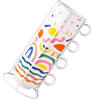 Amosfun Set di 4 Tazze da caffè in Ceramica con Supporto in Ferro E Design Impilabile per Uso Domestico E Bar