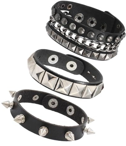 IKOPFLN 3 Stück Unisex Punk Besetztes Armband, Nietenarmband Punk Rock Armbänder Gothic Nieten Armband Manschette Verstellbare Armreif für Kostümparty Konzert, Emo clothes, Grunge