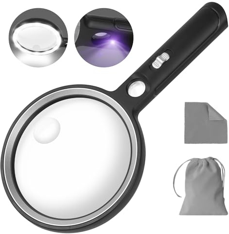 WELLTE 10X Lupe mit Licht, Große Lupe zum Lesen von Kleingedruckten, Handlupe mit 36 LEDs, Vollseitenlupe für Senioren, niedrige Sicht
