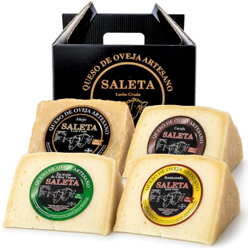 SALETA® Cesta Quesos Gourmet Regalo | Queso Oveja | 4 Cuñas Queso Curado, Semicurado, Añejo y en Aceite de Oliva Virgen Extra | Surtido de quesos Pack Más Premiados 1Kg