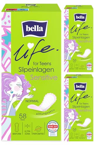bella life for teens Slipeinlagen Sensitive Normal | dermatest: SEHR GUT | ultradünne Slipeinlagen für Teenager im 3er Pack (3 x 58 Stück) | Mixform und parfümfrei