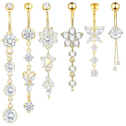 CharmBurst Set da 6 Piercing per Ombelico Color Oro, Gioielli in Acciaio Chirurgico Inossidabile con Ciondolo, Piercing alla Moda