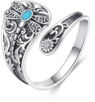 Trollslända sked ring S925 sterlingsilver vintage turkos trollslända ringar solros justerbar sked ring smycken gåvor för kvinnor män, Ingen ädelsten