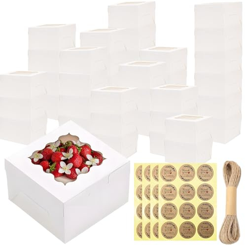VEGCOO 40 Pcs White Cupcake Boxes with Window, Paper Cookies Box Cake Box Bakery Pastry Boxes with 48 Stickers & 10 m Jute Rope, Cupcake Box for Cupcakes Desserts Cookies Donuts Small Cakes Candy