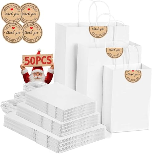 50 st kraftpapperspåsar med handtag – presentpåsar i blandade storlekar för affärer, shopping, detaljhandel, fest, tjänst, varor, säckar restauranghämtning – 130 GMS tjockare kraftpåsar (vit)