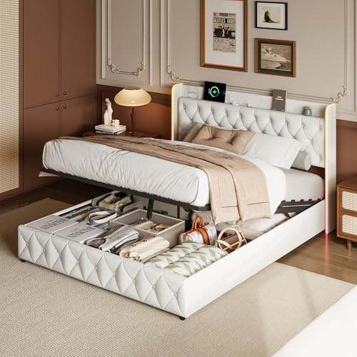 BHFFTHK Polsterbett Doppelbett 140x200 mit LED & USB, Hydraulisches Stauraumbett mit Kopfteil, Bettgestell 140x200 mit Stauraum Bettkasten & Lattenrost, Samt, Beige, Ohne Matratze