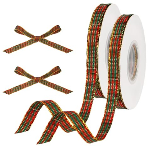 Weihnachtsband Geschenkband Kariert, 2 Rollen Rot Grün, 10 Yards X 10 mm | Mit Goldkante zum Verpacken, Basteln Sowie für Baum, Kranz, Karten und Festliche Verpackungen, Gut Kombinierbar