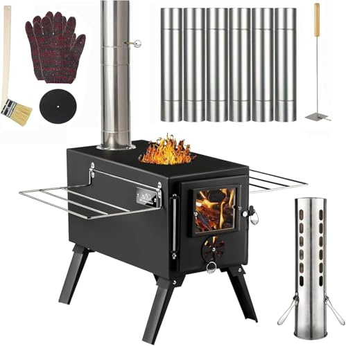 AVOFOREST Poêle à bois portable d'extérieur avec tuyaux et gants en acier inoxydable pour la cuisine, le chauffage, le camping, la tente, la randonnée