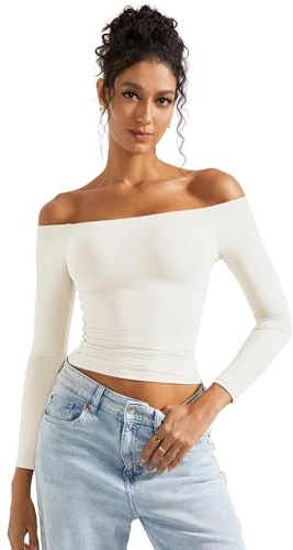 SUUKSESS Women Off Shoulder Double Lined Long Sleeve Shirts Basic Going Out Tops