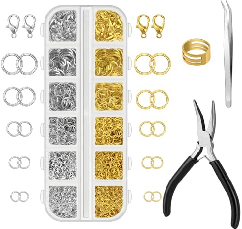 Lunhoo Kit de fabricación de joyas, 1200 anillos de salto, cierres de langosta, herramientas para hacer joyas, alicates, pinzas, abridor de anillos para pulsera, collar, llavero, kits de reparación de
