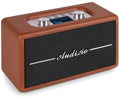 Audizio Tune60 Enceinte Rétro sans Fil 30W Bluetooth, Marron, Radio FM et Dab+, Batterie Optionnelle, Entrée AUX et USB, Fonction Alarme et Minuterie, Design Vintage Élégant