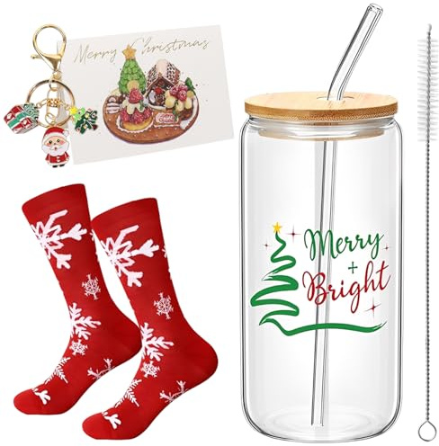 Vasos Navidad Cristal con Tapa y Pajita, 6 Piezas Vasos de Navidad de 500 Ml con Cepillo de Limpieza, Tarjeta de Felicitación, Calcetín Navideño, Se Pueden Usar Como Beber, Jugo