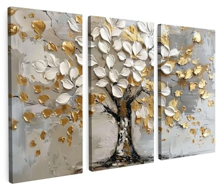 MuchoWow© Leinwandbild 3er Set Dekoration Wohnzimmer Bilder Pictures Wall | 120x80 cm - Decoration Living Room Wohnungs Deko Moderne Wandbilder Baum - Weiß - Gold - Lackoptik