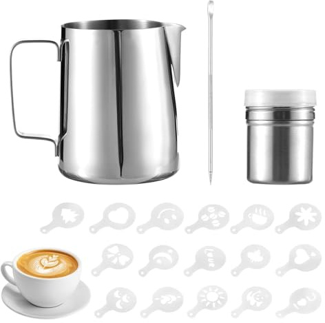Aoresac Ensemble D'art à café en Acier Inoxydable de qualité Alimentaire, 19 Pièces, avec Pichet à Mousse de Lait et Stylo Artistique pour Débutant, Utilisation Barista