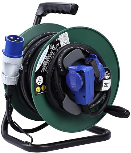 Electraline 49207 Kabeltrommel mit Verlängerung 20M für Camper, Camping, Wohnwagen, IP44, 2 Steckdosen (Industrie + Schuko), Kabel AT-N07V3V3-F querschnitt 3G2.5