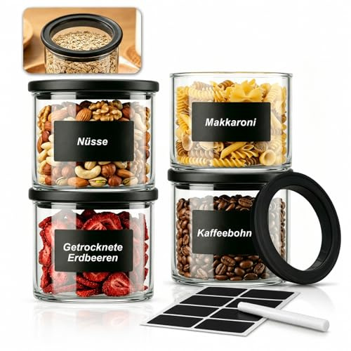 twoant Vorratsgläser Runde mit Glasdeckel 4×600ml Vorratsdosen Glas mit Deckel Luftdicht Vorratsglas mit Deckel Aufbewahrungsgläser Küche für Lebensmittel, Nudeln, Mehl, Müsli, Kaffee